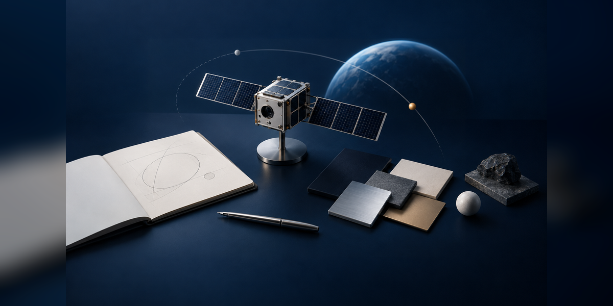 Unbranded satellite model beside blank design swatches on a dark planning surface