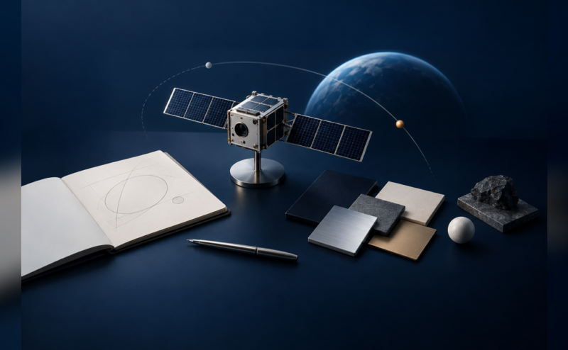 Unbranded satellite model beside blank design swatches on a dark planning surface