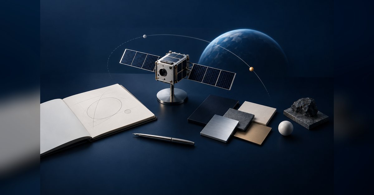 Unbranded satellite model beside blank design swatches on a dark planning surface