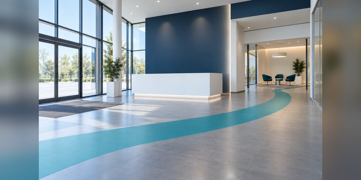 Conceptual showroom pathway connecting a clear entrance with a consultation area