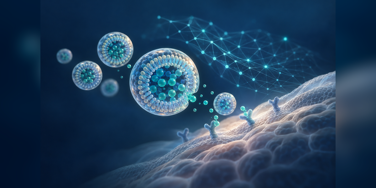 Conceptual AI drug delivery illustration with lipid-like carriers and an abstract tissue surface
