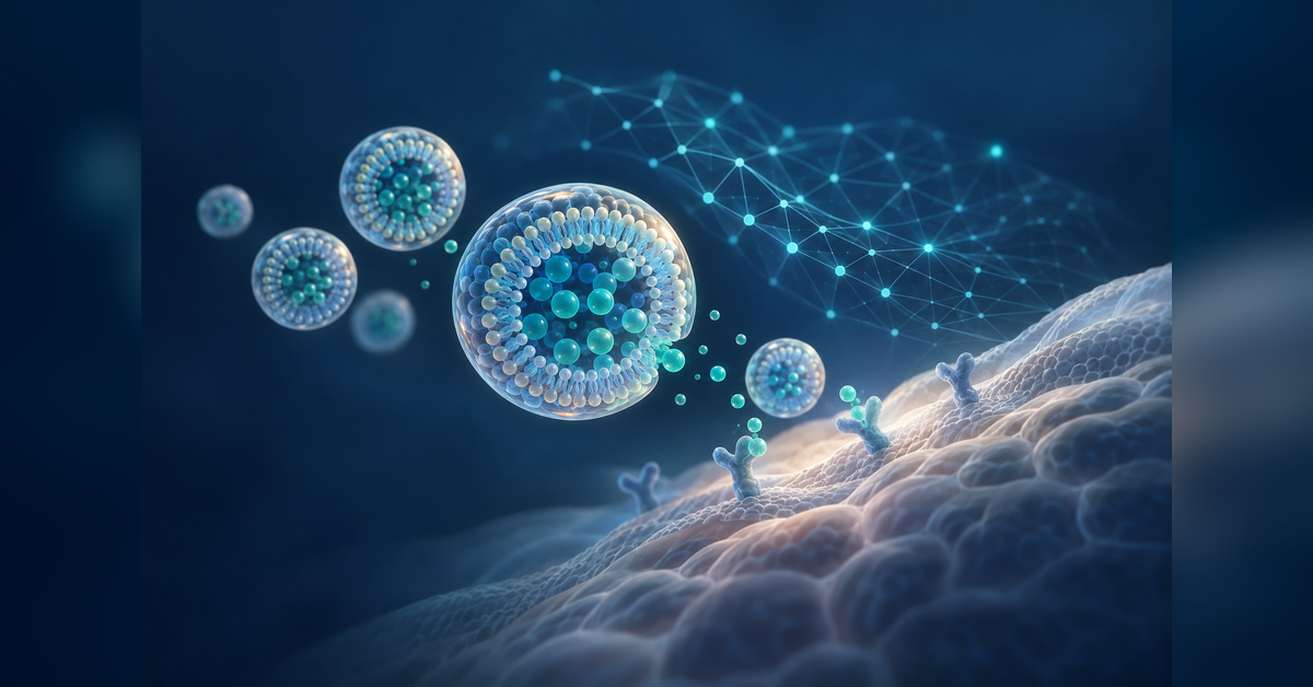 Conceptual AI drug delivery illustration with lipid-like carriers and an abstract tissue surface