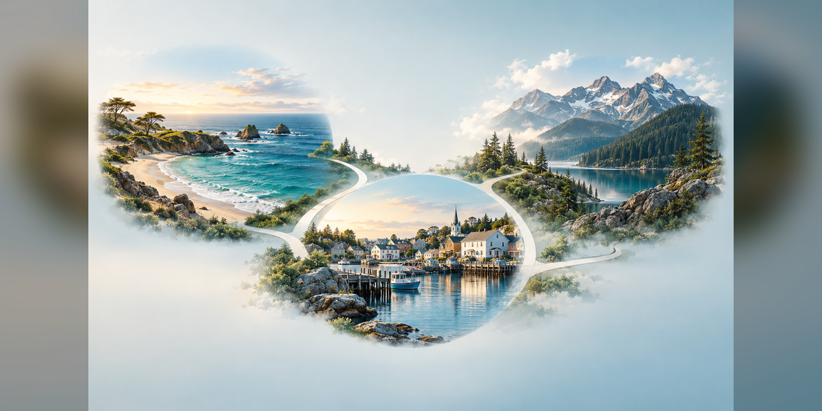 Travel destination recommendation concept with coastal, town, and mountain landscapes