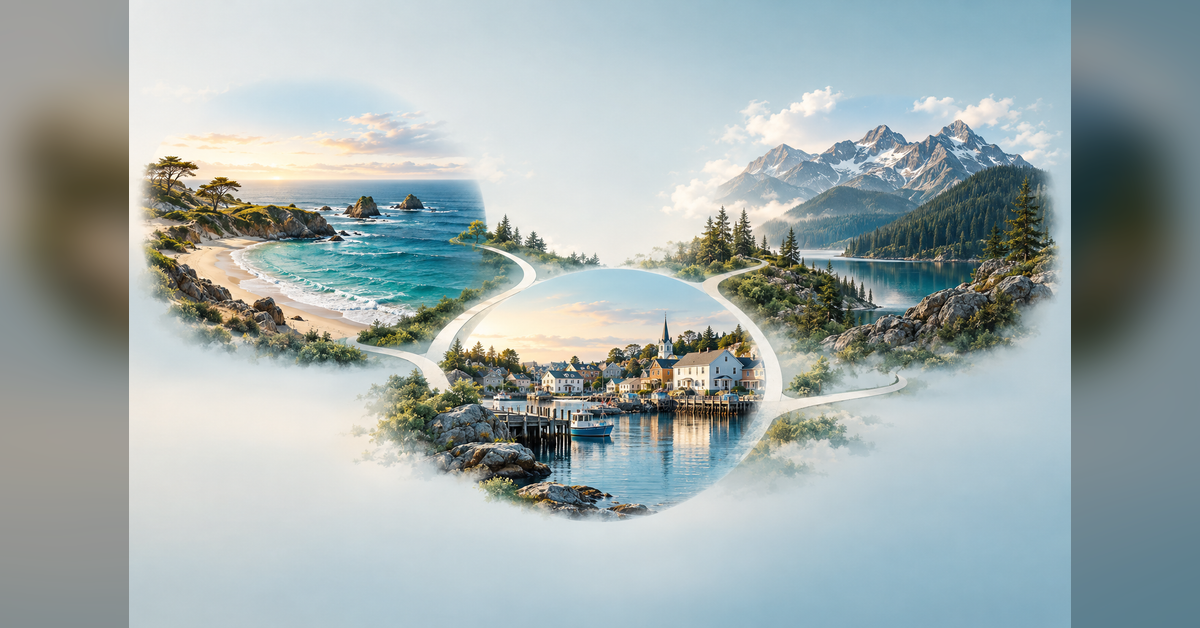 Travel destination recommendation concept with coastal, town, and mountain landscapes
