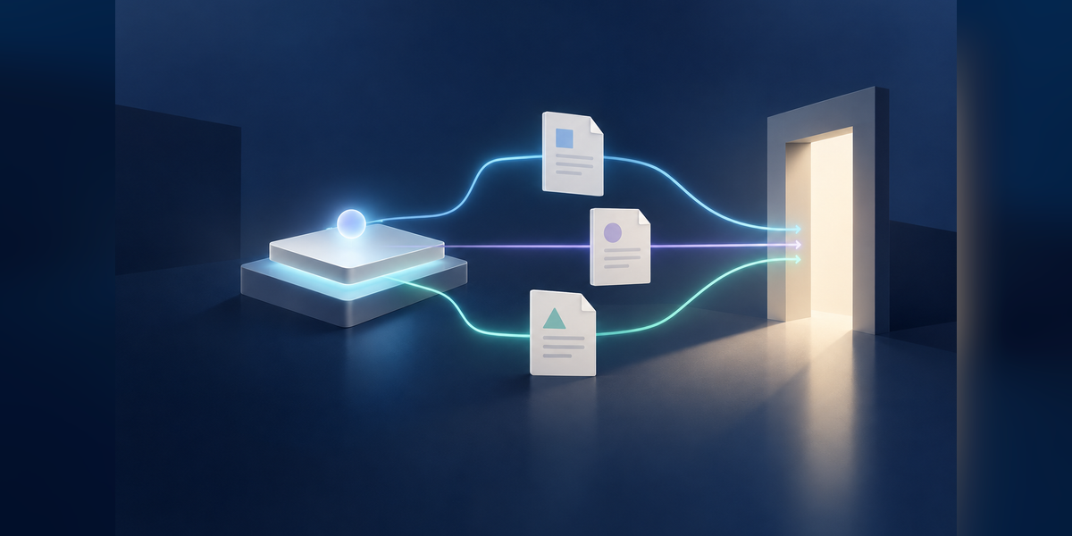 Conceptual illustration of Google AI search links connecting an answer to source documents and a next action