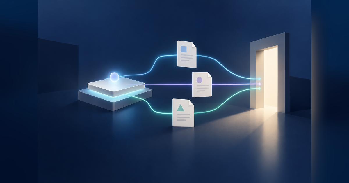 Conceptual illustration of Google AI search links connecting an answer to source documents and a next action