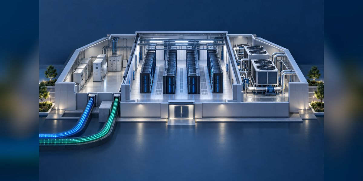 Conceptual Genesis Mission data center infrastructure showing compute racks, power distribution, cooling and separate fiber routes