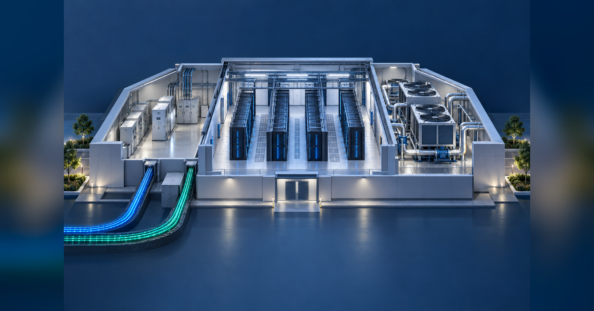 Conceptual Genesis Mission data center infrastructure showing compute racks, power distribution, cooling and separate fiber routes