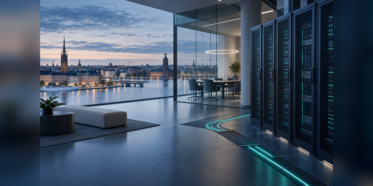 Conceptual Stockholm waterfront and data center infrastructure illustration for the Data Center Nation Stockholm 2027 planning guide