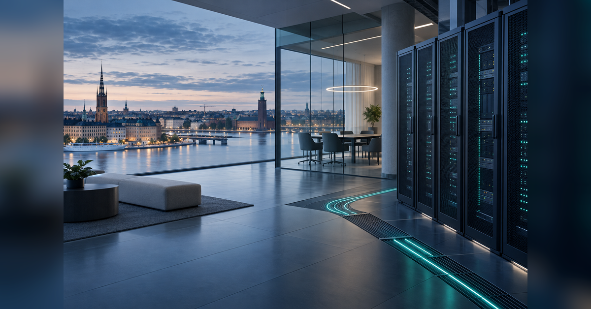Conceptual Stockholm waterfront and data center infrastructure illustration for the Data Center Nation Stockholm 2027 planning guide