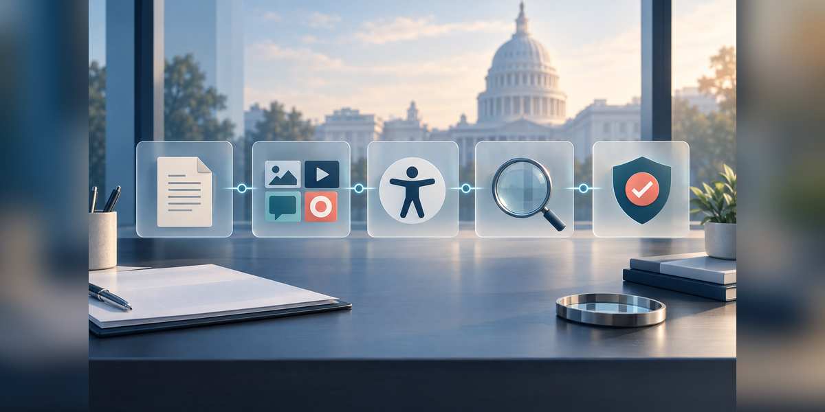 Conceptual evidence pathway for selecting a government ad agency, with media, accessibility and measurement checkpoints.