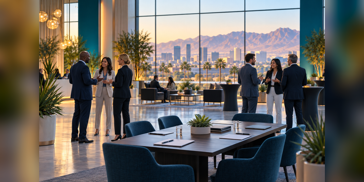Conceptual IMEX America 2026 guide illustration of business meetings in a desert-city convention setting