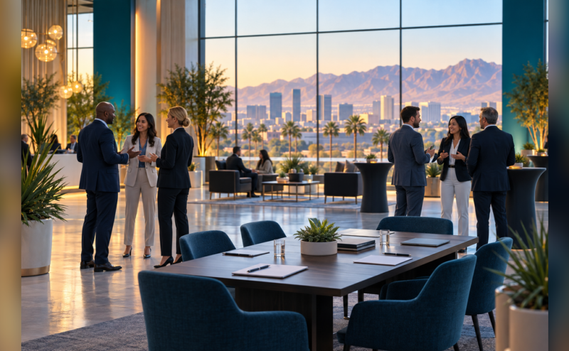 Conceptual IMEX America 2026 guide illustration of business meetings in a desert-city convention setting