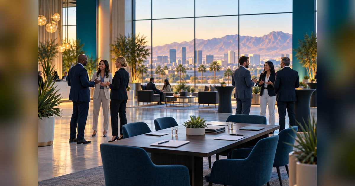 Conceptual IMEX America 2026 guide illustration of business meetings in a desert-city convention setting