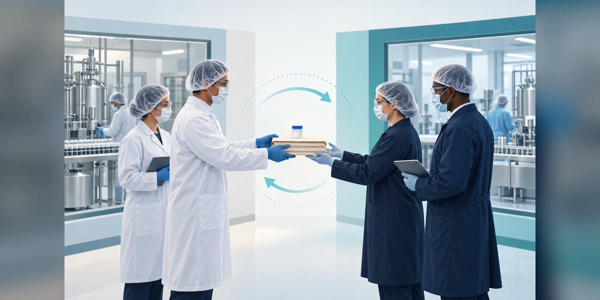 Conceptual CDMO technology transfer handoff between two unbranded manufacturing facilities