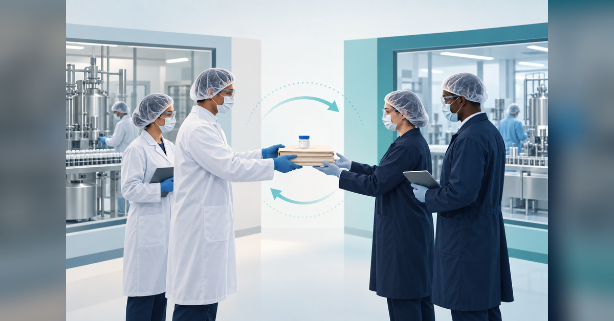 Conceptual CDMO technology transfer handoff between two unbranded manufacturing facilities