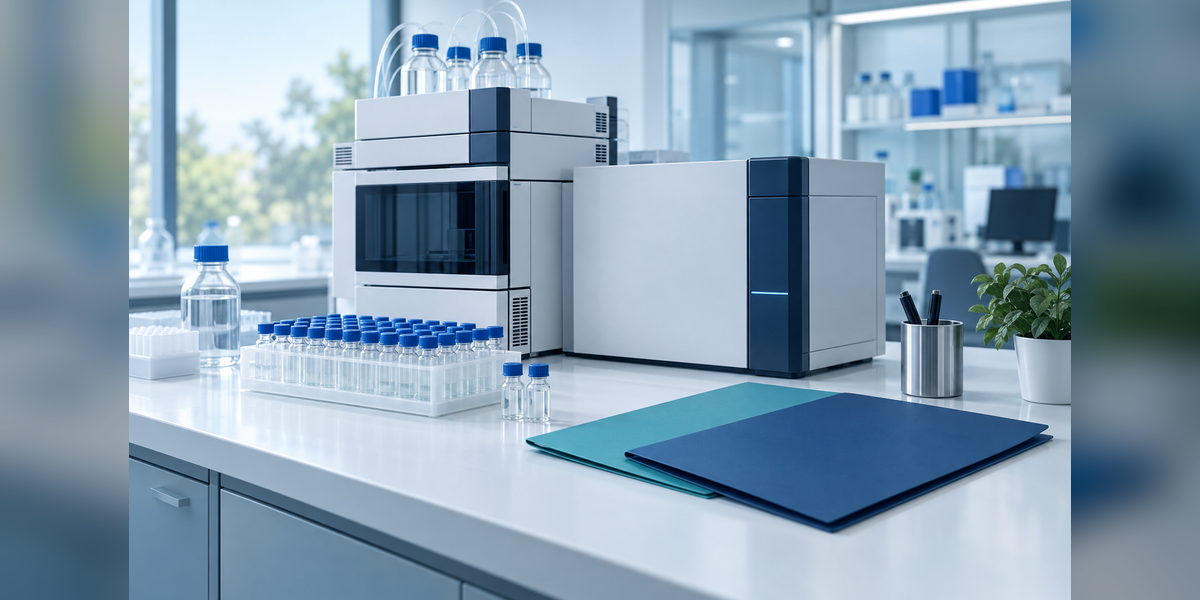 Pharmaceutical analytical testing labs illustrated with unbranded instruments, sample vials, and document folders