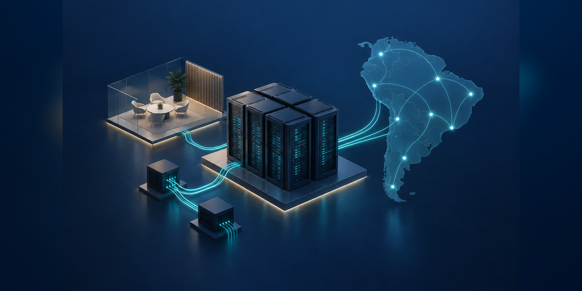 Conceptual data center racks and fiber connections for the Capacity LATAM + Datacloud LATAM 2027 guide