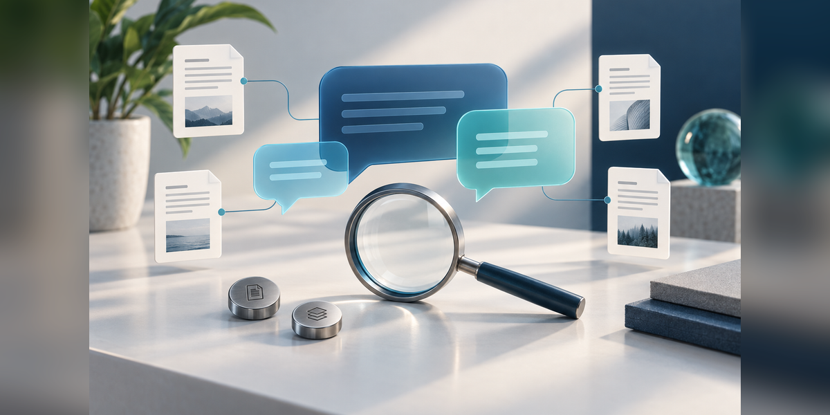 Abstract AI conversation shapes connected to source documents in a fintech software evaluation workspace