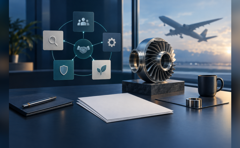 Conceptual aerospace SEO company evaluation with a precision component and supporting documents
