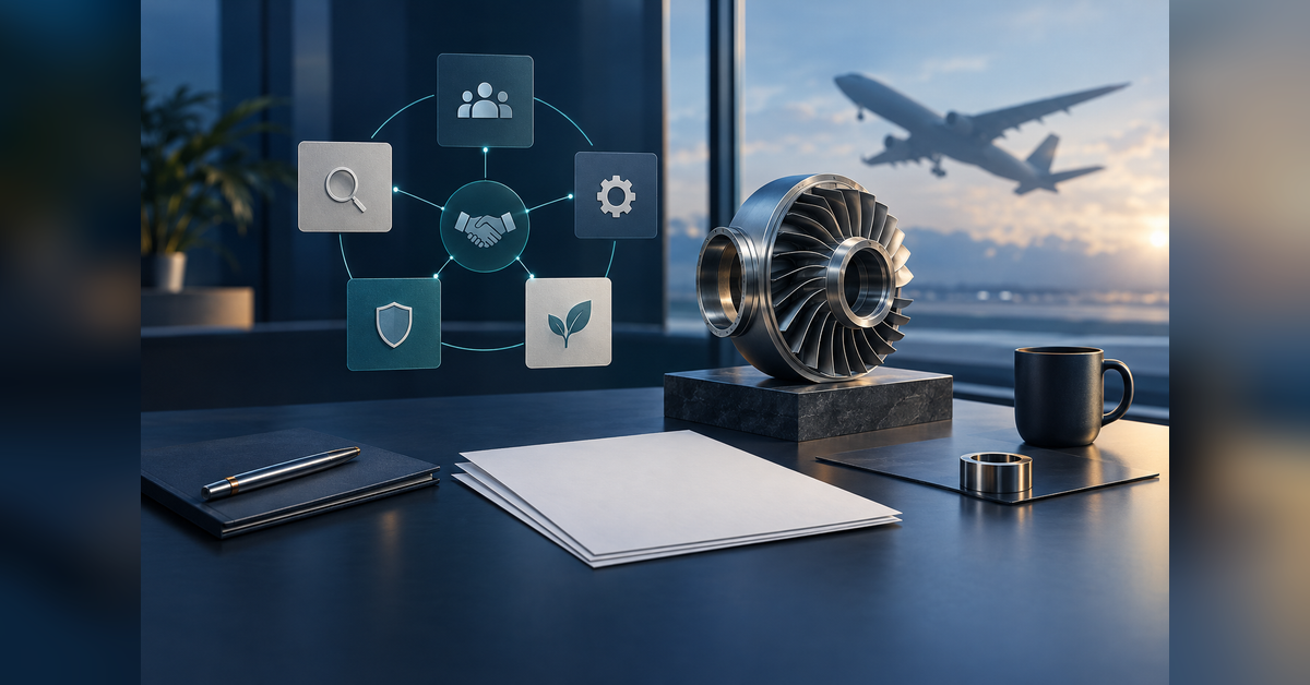 Conceptual aerospace SEO company evaluation with a precision component and supporting documents