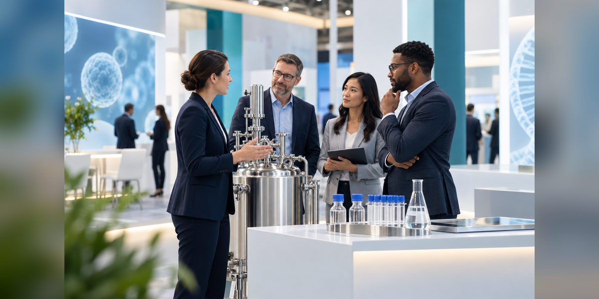 Conceptual exhibition scene for INTERPHEX 2027 planning, with professionals discussing pharmaceutical processing equipment