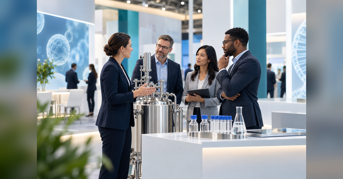 Conceptual exhibition scene for INTERPHEX 2027 planning, with professionals discussing pharmaceutical processing equipment