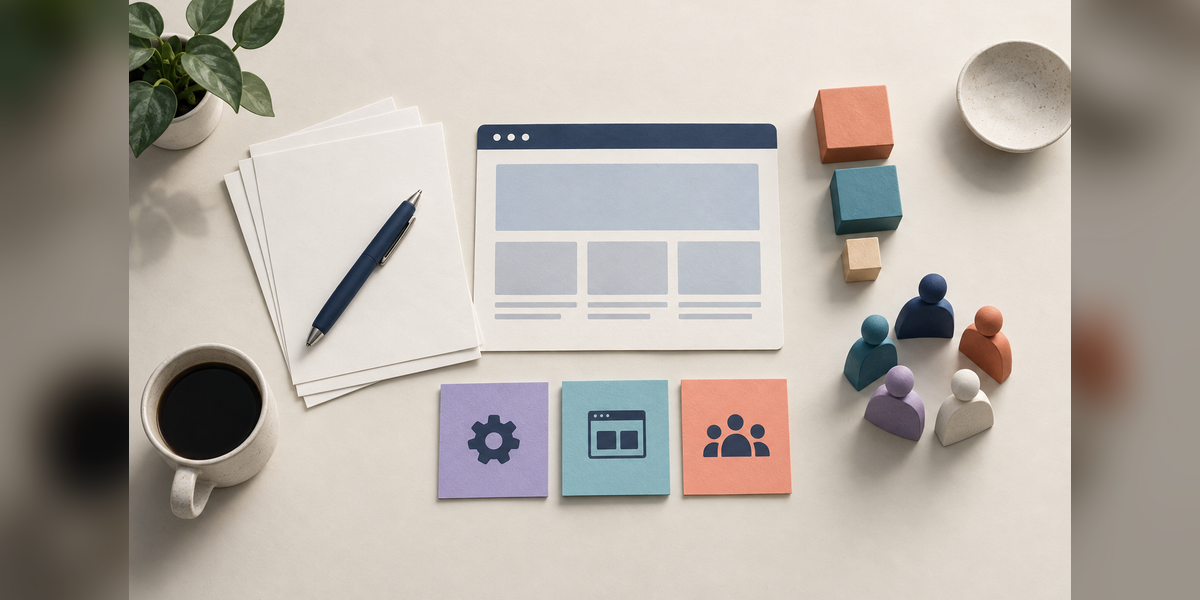 Conceptual illustration of nonprofit SEO planning with proposals, website work, budget blocks and community figures.