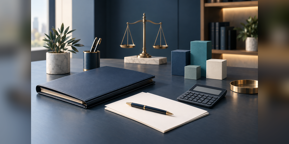 Conceptual law firm marketing budget planning desk with a calculator, legal folder and allocation blocks