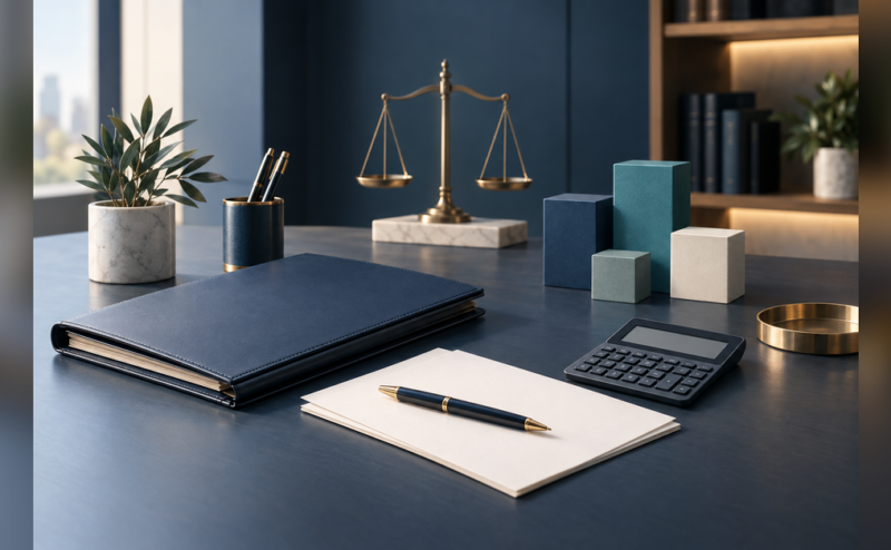 Conceptual law firm marketing budget planning desk with a calculator, legal folder and allocation blocks