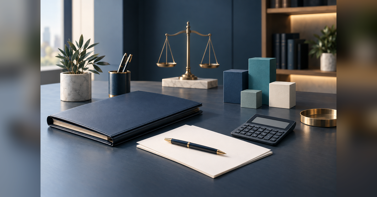 Conceptual law firm marketing budget planning desk with a calculator, legal folder and allocation blocks