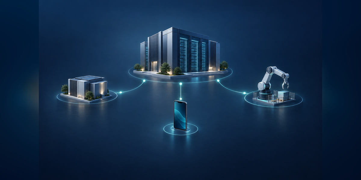 Conceptual illustration of AI inference demand across a central data center, regional computing node, and on-device systems.