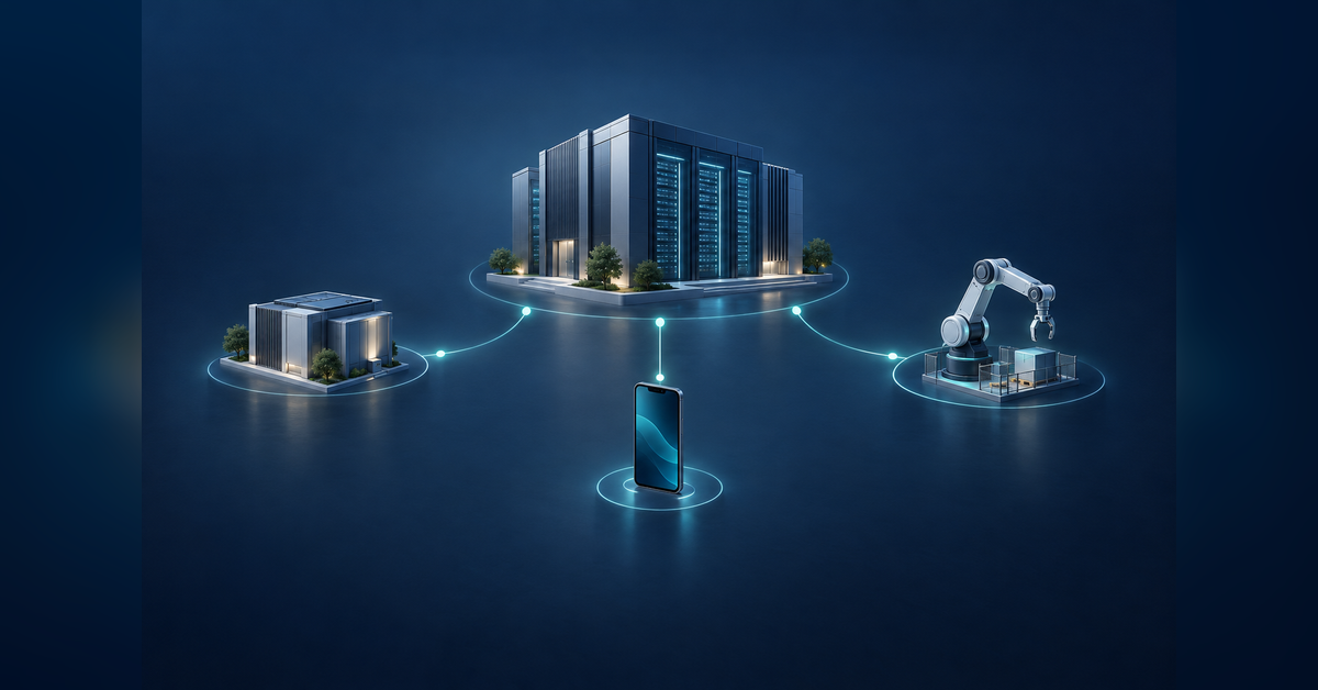 Conceptual illustration of AI inference demand across a central data center, regional computing node, and on-device systems.