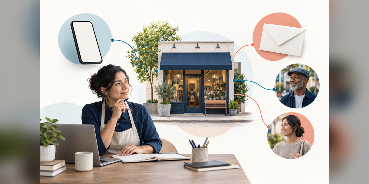 Conceptual neighborhood storefront with a phone, mail envelope, and community connections representing local advertising choices