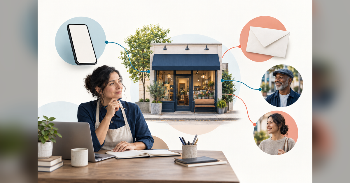 Conceptual neighborhood storefront with a phone, mail envelope, and community connections representing local advertising choices