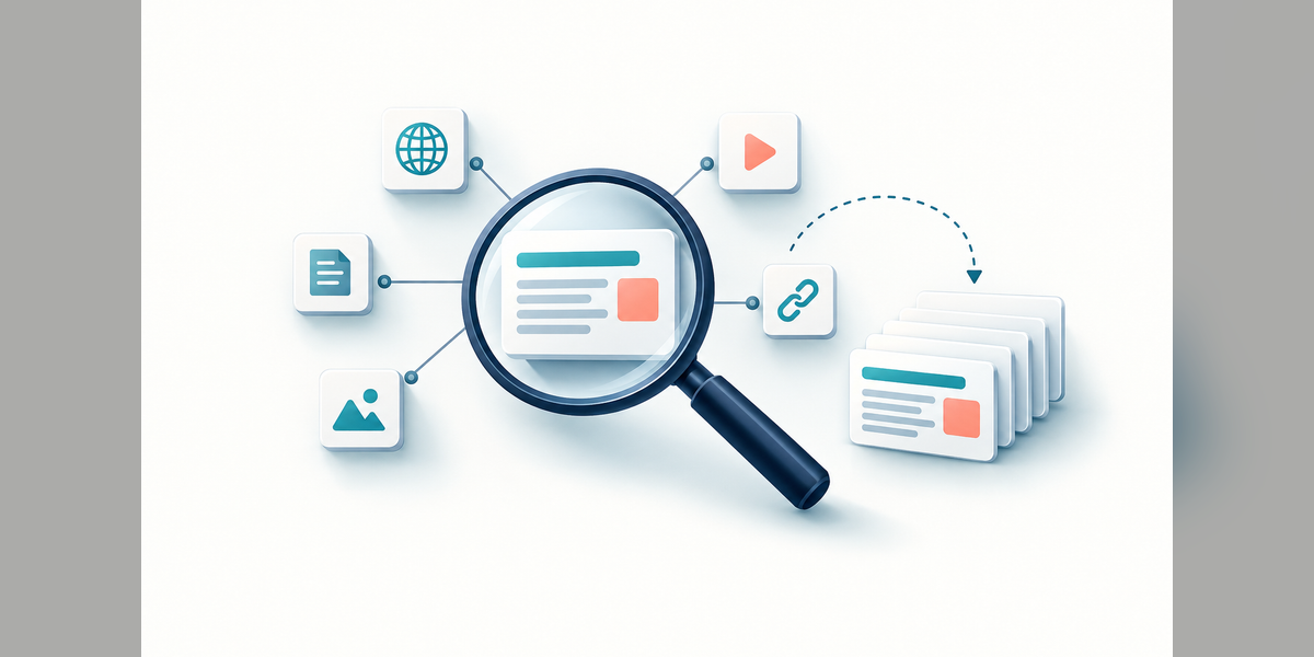A magnifying glass examining abstract answer cards and linked source nodes for an AI search visibility accuracy check