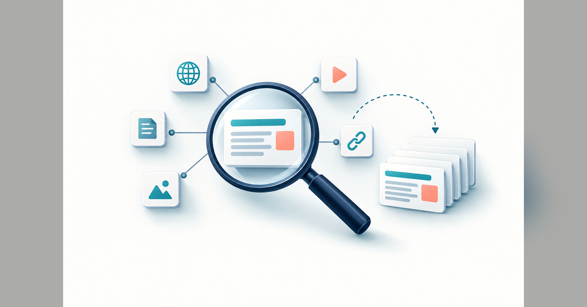 A magnifying glass examining abstract answer cards and linked source nodes for an AI search visibility accuracy check