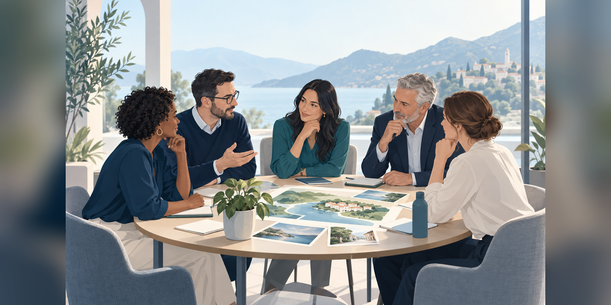 Conceptual illustration of tourism leaders reviewing a destination plan for an Advocacy and Action 2026 attendance guide