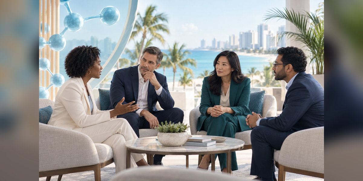 Conceptual executive meeting in a Miami Beach setting for BIO Investment & Growth Summit 2027 planning