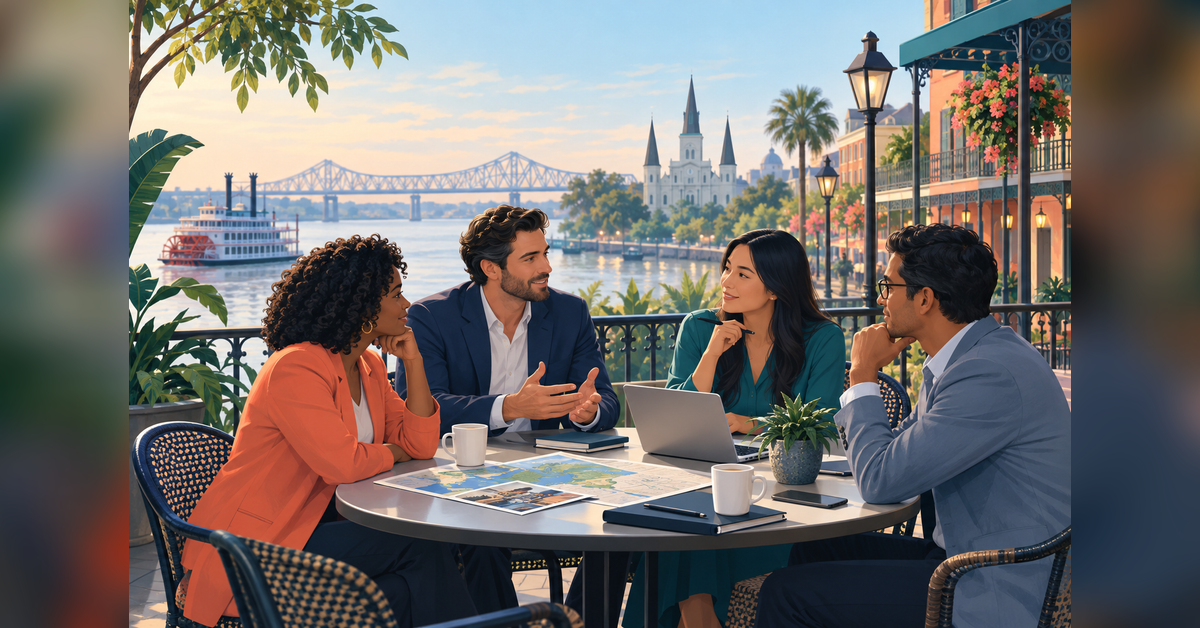 Conceptual travel-industry meeting for US Travel IPW 2027 planning, with a New Orleans-inspired backdrop