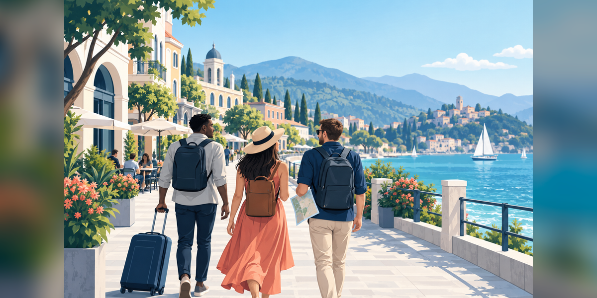 International travelers arriving at a walkable waterfront destination with cultural attractions