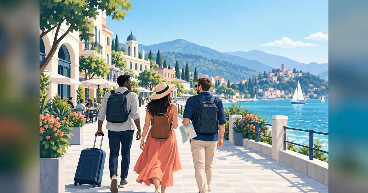 International travelers arriving at a walkable waterfront destination with cultural attractions