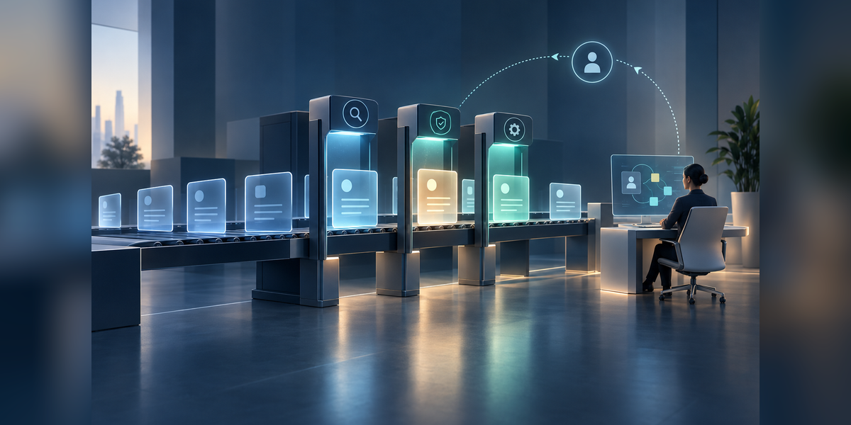 Conceptual AI agent factory with staged inspection gates and human oversight