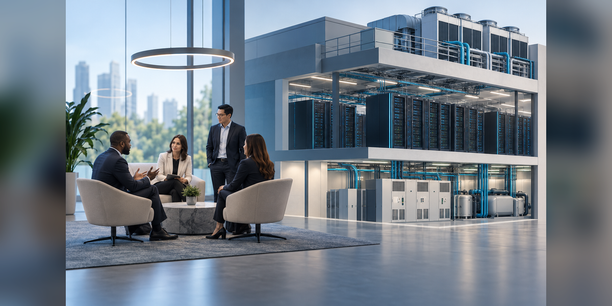 Conceptual conference and data center infrastructure illustration for Data Center World 2027