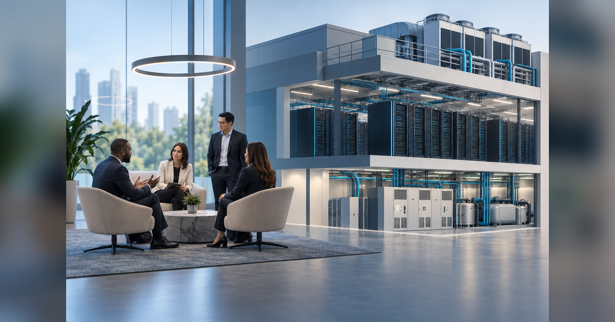 Conceptual conference and data center infrastructure illustration for Data Center World 2027