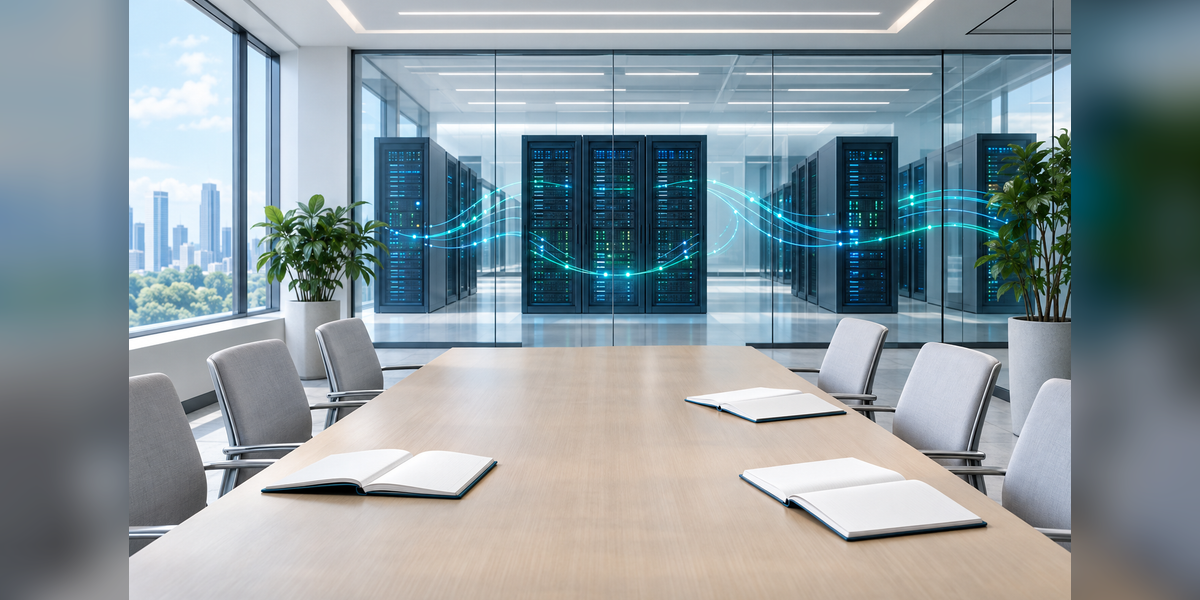 Conceptual meeting room with server cabinets and fiber pathways for infrastructure event planning