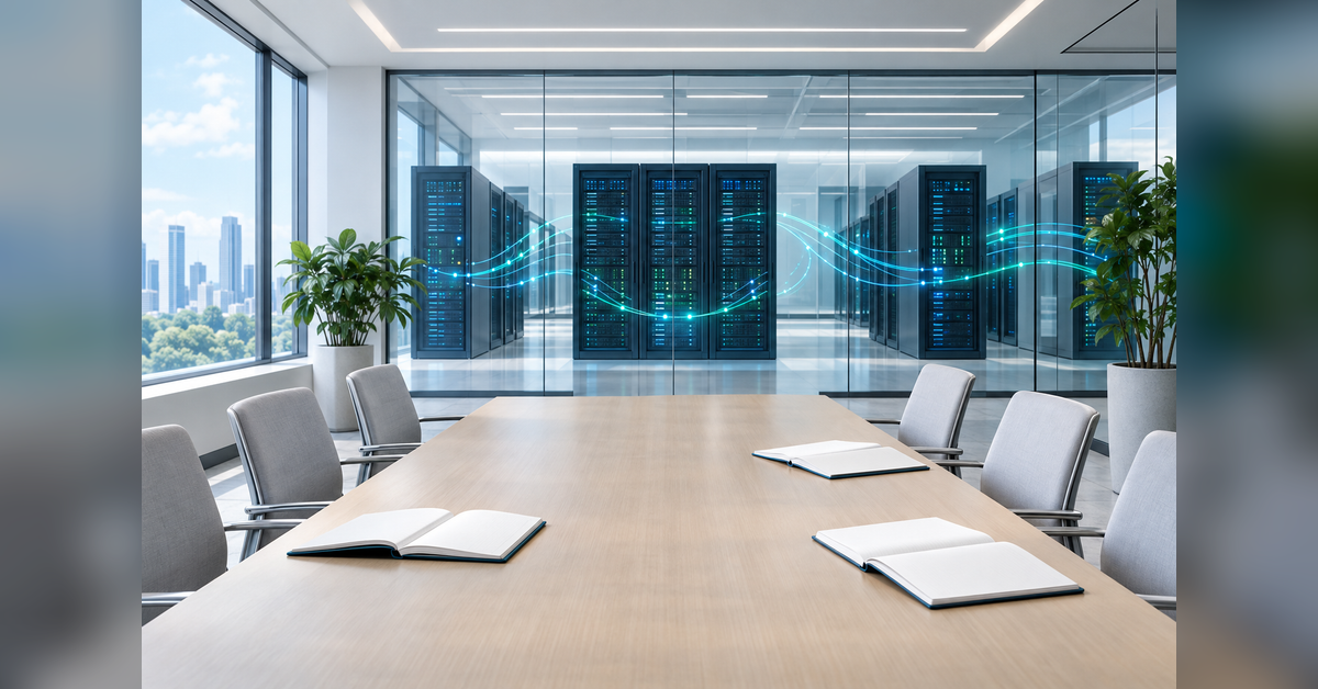 Conceptual meeting room with server cabinets and fiber pathways for infrastructure event planning