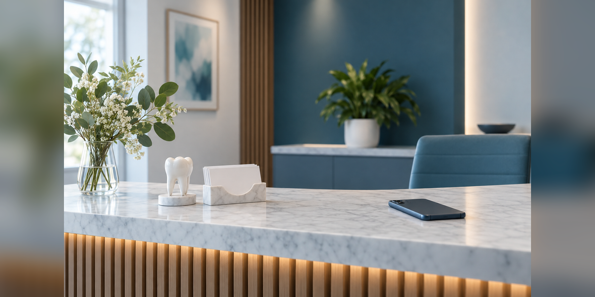 Conceptual dental reception desk with a tooth model, blank appointment cards and a phone