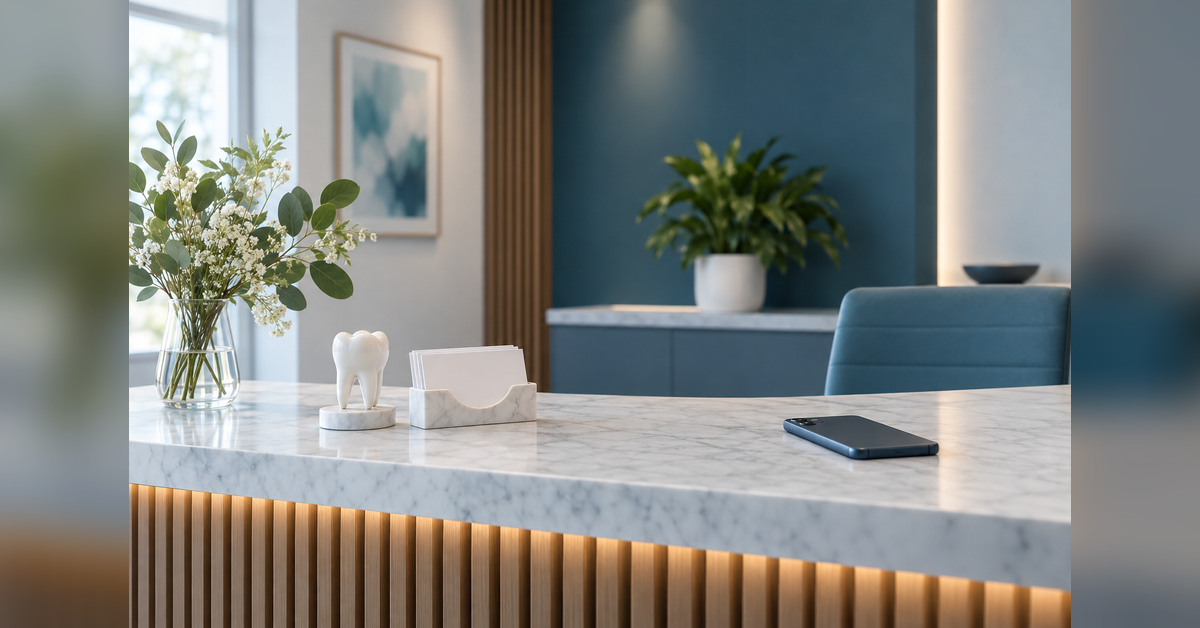 Conceptual dental reception desk with a tooth model, blank appointment cards and a phone