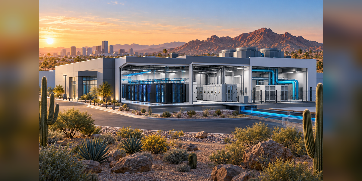 Conceptual Phoenix data center with server, power, cooling and fiber infrastructure in a desert setting